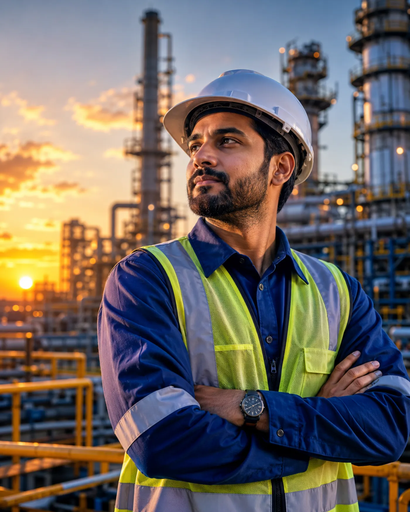 An Indian engineer in protective gear at an international industrial facility