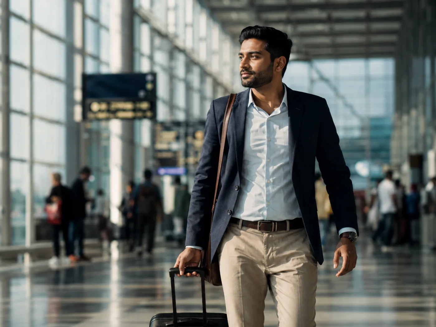 Indian traveller departing through an international airport for an overseas role
